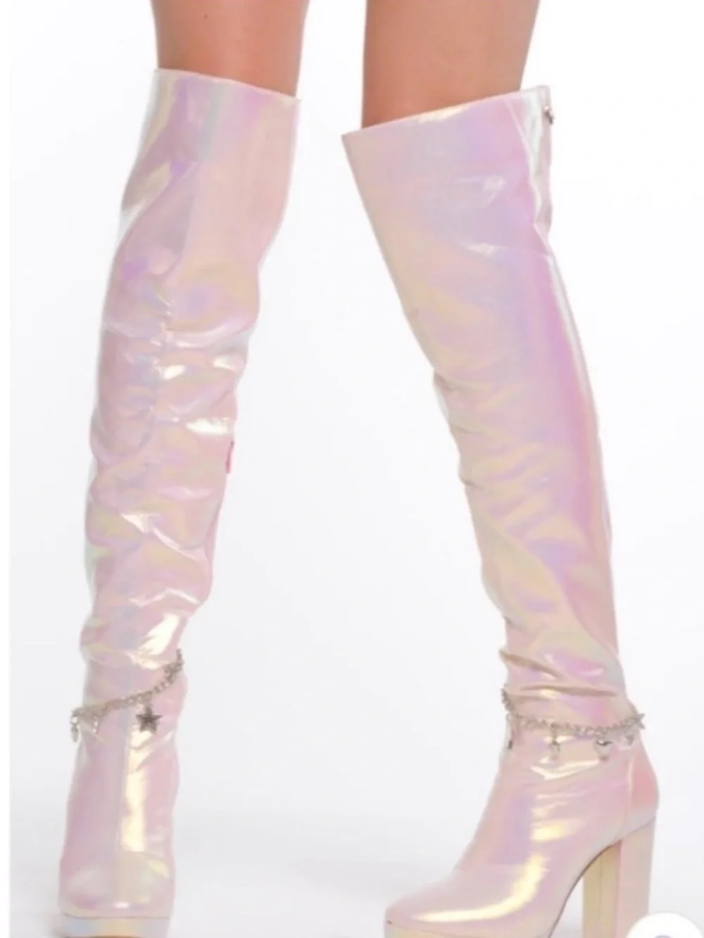 Sparkl Fairy Couture Iridescent Pink Knee-High Block Heel Boots NWT